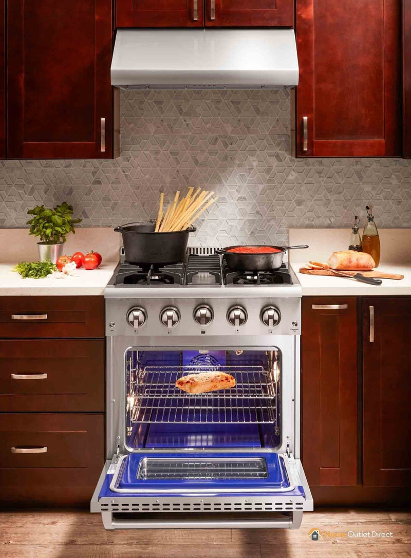 Thor Kitchen 6-Piece Pro Appliance Package - 30" Gas Range, French Door Refrigerator, Under Cabinet Hood, Dishwasher, Microwave Drawer, & Wine Cooler in Stainless Steel Appliance Package Thor Kitchen 