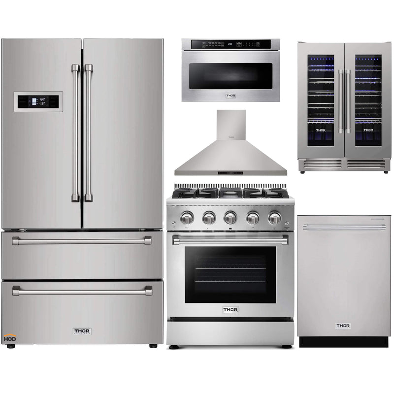 Thor Kitchen 6-Piece Pro Appliance Package - 30" Gas Range, French Door Refrigerator, Wall Mount Hood, Dishwasher, Microwave Drawer, & Wine Cooler in Stainless Steel Appliance Package Thor Kitchen 