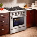 Thor Kitchen 6-Piece Pro Appliance Package - 30-Inch Gas Range, Refrigerator with Water Dispenser, Wall Mount Hood, Dishwasher, Microwave Drawer, & Wine Cooler in Stainless Steel Appliance Package Thor Kitchen 