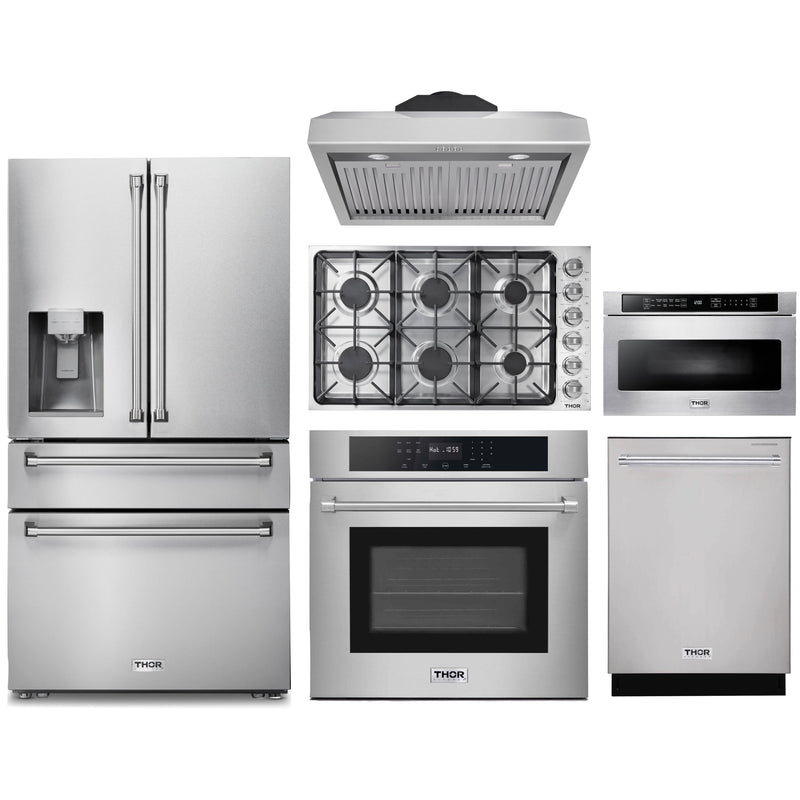 Thor Kitchen 6-Piece Pro Appliance Package - 36" Cooktop, Wall Oven, Under Cabinet Hood, Refrigerator with Water Dispenser, Dishwasher & Microwave Drawer in Stainless Steel Appliance Package Thor Kitchen 