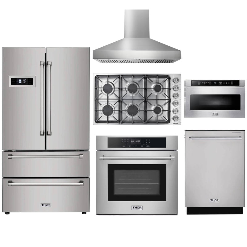 Thor Kitchen 6-Piece Pro Appliance Package - 36" Cooktop, Wall Oven, Wall Mount Hood, Refrigerator, Dishwasher & Microwave Drawer in Stainless Steel Appliance Package Thor Kitchen Natural Pro Style 