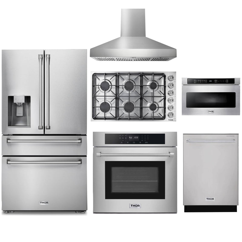 Thor Kitchen 6-Piece Pro Appliance Package - 36" Cooktop, Wall Oven, Wall Mount Hood, Refrigerator with Water Dispenser, Dishwasher & Microwave Drawer in Stainless Steel Appliance Package Thor Kitchen Pro Style 
