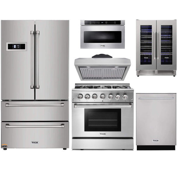 Thor Kitchen 6-Piece Pro Appliance Package - 36" Dual Fuel Range, French Door Refrigerator, Under Cabinet Hood, Dishwasher, Microwave Drawer, and Wine Cooler in Stainless Steel Appliance Package Thor Kitchen 