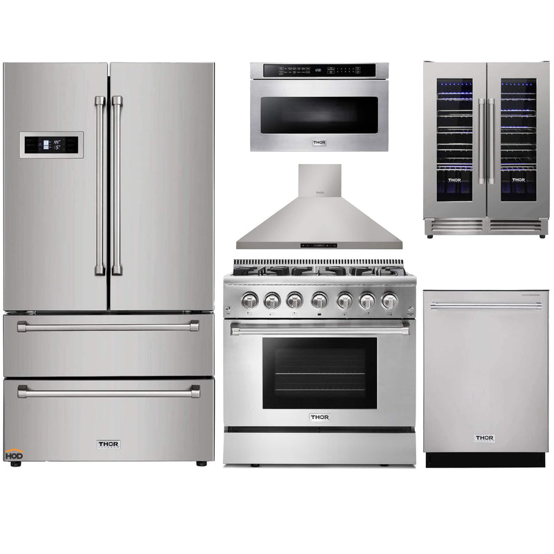 Thor Kitchen 6-Piece Pro Appliance Package - 36" Dual Fuel Range, French Door Refrigerator, Wall Mount Hood, Dishwasher, Microwave Drawer, & Wine Cooler in Stainless Steel Appliance Package Thor Kitchen 