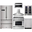 Thor Kitchen 6-Piece Pro Appliance Package - 36" Gas Range, French Door Refrigerator, Wall Mount Hood, Dishwasher, Microwave Drawer, & Wine Cooler in Stainless Steel Appliance Package Thor Kitchen Natural Gas Pro Style 