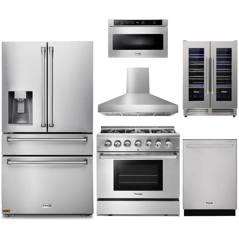 Thor Kitchen 6-Piece Pro Appliance Package - 36-Inch Dual Fuel Range, Refrigerator with Water Dispenser, Wall Mount Hood, Dishwasher, Microwave Drawer, & Wine Cooler in Stainless Steel Appliance Package Thor Kitchen Natural Gas Pro Style 