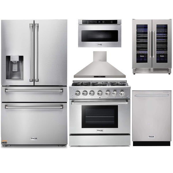 Thor Kitchen 6-Piece Pro Appliance Package - 36-Inch Gas Range, Refrigerator with Water Dispenser, Wall Mount Hood, Dishwasher, Microwave Drawer, & Wine Cooler in Stainless Steel Appliance Package Thor Kitchen 
