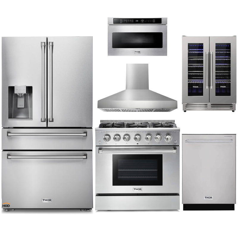 Thor Kitchen 6-Piece Pro Appliance Package - 36-Inch Gas Range, Refrigerator with Water Dispenser, Wall Mount Hood, Dishwasher, Microwave Drawer, & Wine Cooler in Stainless Steel Appliance Package Thor Kitchen Natural Gas Pro Style 