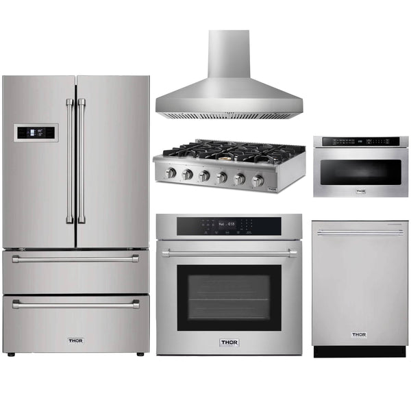Thor Kitchen 6-Piece Pro Appliance Package - 36" Rangetop, Wall Oven, Wall Mount Hood, Refrigerator, Dishwasher, & Microwave in Stainless Steel Appliance Package Thor Kitchen Natural Gas Pro Style 