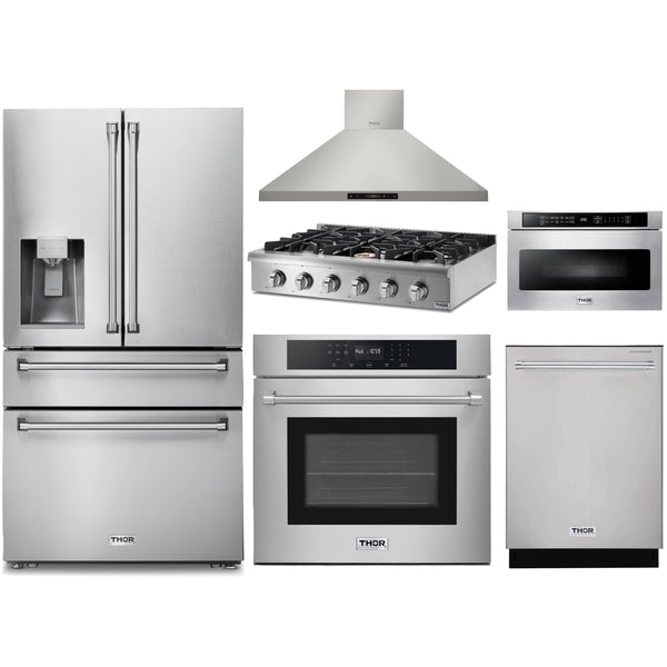 Thor Kitchen 6-Piece Pro Appliance Package - 36" Rangetop, Wall Oven, Wall Mount Hood, Refrigerator with Water Dispenser, Dishwasher, & Microwave in Stainless Steel Appliance Package Thor Kitchen 