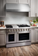 Thor Kitchen 6-Piece Pro Appliance Package - 48" Gas Range, French Door Refrigerator, Dishwasher, Under Cabinet Hood, Microwave Drawer, & Wine Cooler in Stainless Steel Appliance Package Thor Kitchen 