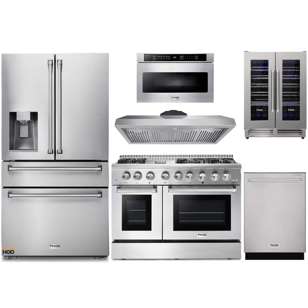 Thor Kitchen 6-Piece Pro Appliance Package - 48-Inch Dual Fuel Range, Refrigerator with Water Dispenser, Dishwasher, Under Cabinet Hood, Microwave Drawer, & Wine Cooler in Stainless Steel Appliance Package Thor Kitchen Natural Gas 11" Height 