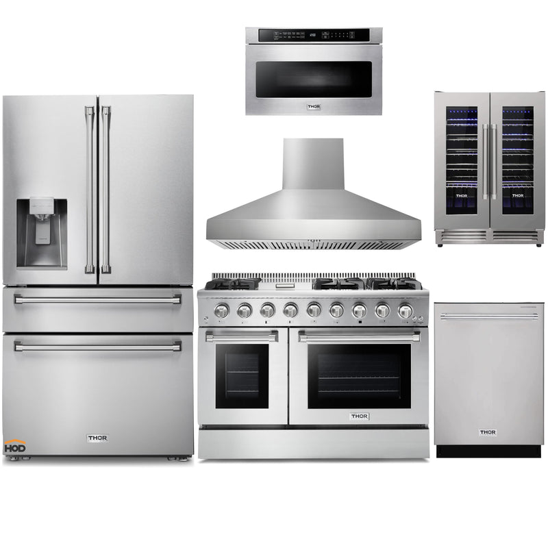 Thor Kitchen 6-Piece Pro Appliance Package - 48-Inch Gas Range, Refrigerator with Water Dispenser, Dishwasher, Pro Wall Mount Hood, Microwave Drawer, & Wine Cooler in Stainless Steel Appliance Package Thor Kitchen 