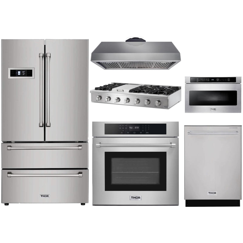 Thor Kitchen 6-Piece Pro Appliance Package - 48" Rangetop, Wall Oven, Premium Hood, Refrigerator, Dishwasher, & Microwave Drawer in Stainless Steel Appliance Package Thor Kitchen Natural Gas 11" Height 