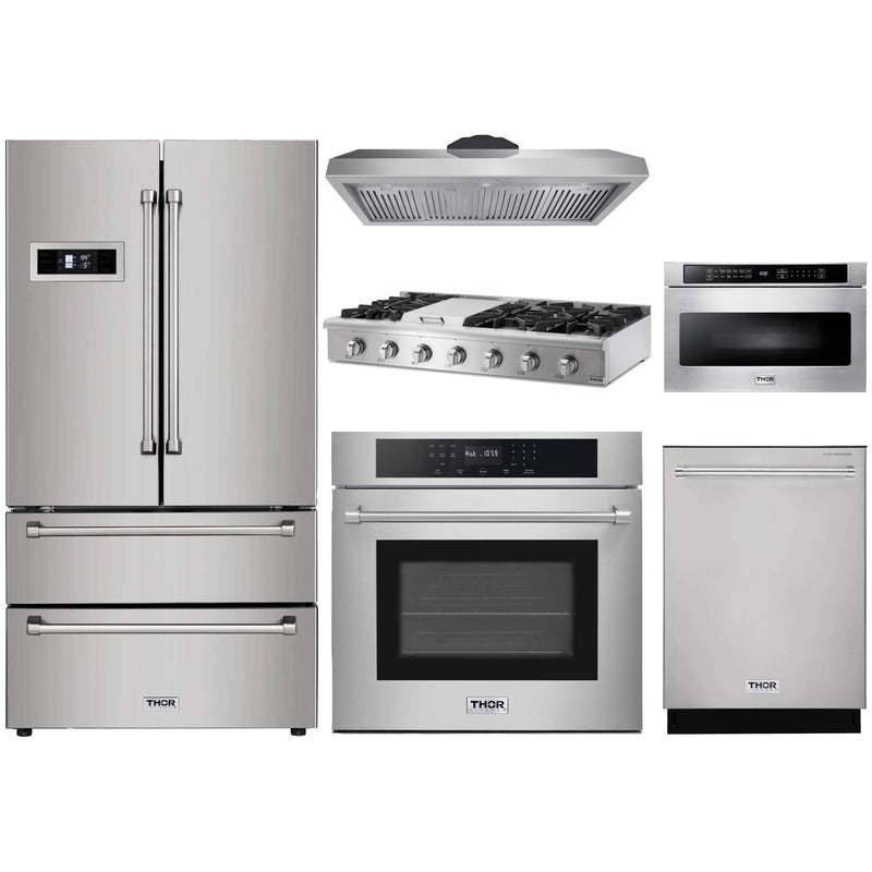 Thor Kitchen 6-Piece Pro Appliance Package - 48" Rangetop, Wall Oven, Premium Hood, Refrigerator, Dishwasher, & Microwave Drawer in Stainless Steel Appliance Package Thor Kitchen Natural Gas 16.54" Height 